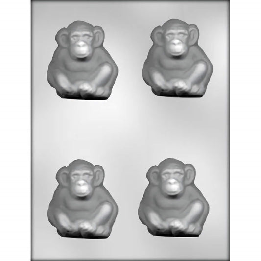 Chimpanzee-shaped plastic chocolate mold with 4 cavities, each measuring 2.75 inches, suitable for chocolate, soap, plaster, or concrete crafting projects.