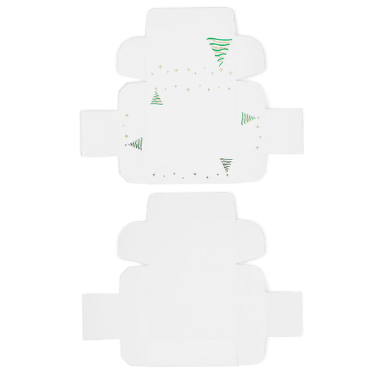 Flat layout of an unfolded Christmas tree candy box with printed green trees and gold stars, ready for assembly.