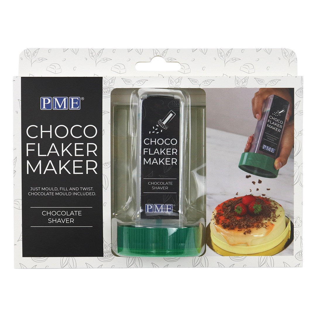 PME Choco Flaker Maker in packaging with chocolate flaker tool and chocolate mold, shown beside decorated dessert.