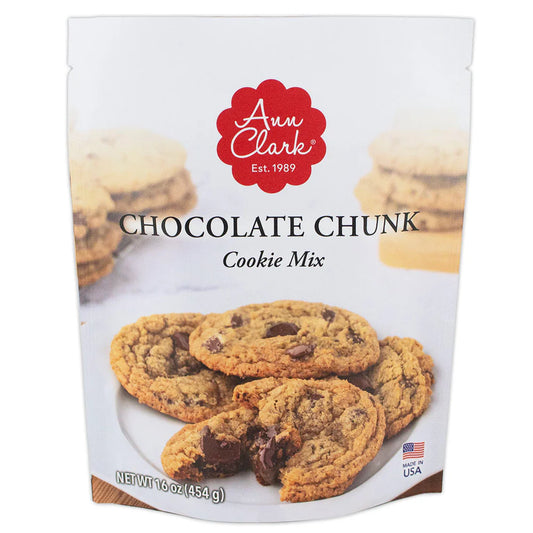 Front of Ann Clark Chocolate Chunk Cookie Mix package showing a plate of golden-brown cookies with visible chocolate chunks.