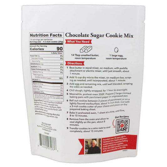 Back of Ann Clark Chocolate Sugar Cookie Mix showing directions, ingredients, nutrition facts, and baking tips for cut-out cookies.
