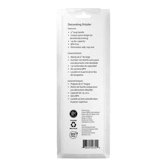 Back view of Chocolate Drizzler Decorating Tool packaging, displaying product features including BPA-free, dishwasher safe, and 1.9 tablespoon capacity.