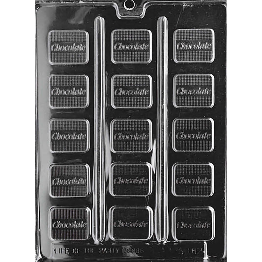 Clear plastic chocolate mold designed for making rectangular chocolate mint pieces, featuring sixteen compartments arranged in four rows of four. Each compartment has the word 'Chocolate' embossed on a textured background.