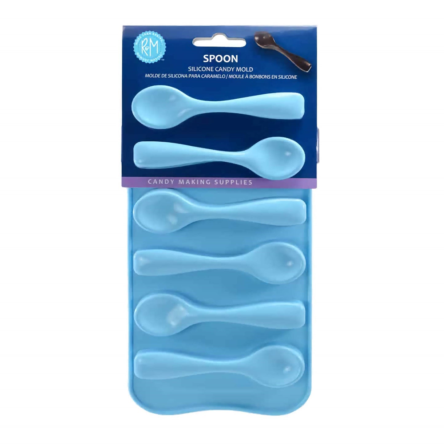 Packaging view of a blue silicone chocolate spoon mold by RM, designed for candy making. The mold is displayed in its original packaging which includes a clear window showcasing the spoon shapes and a label at the top indicating it as a silicone candy mold for making chocolate spoons. The package branding includes 'Candy Making Supplies' with a depiction of a finished chocolate spoon to suggest the end product.