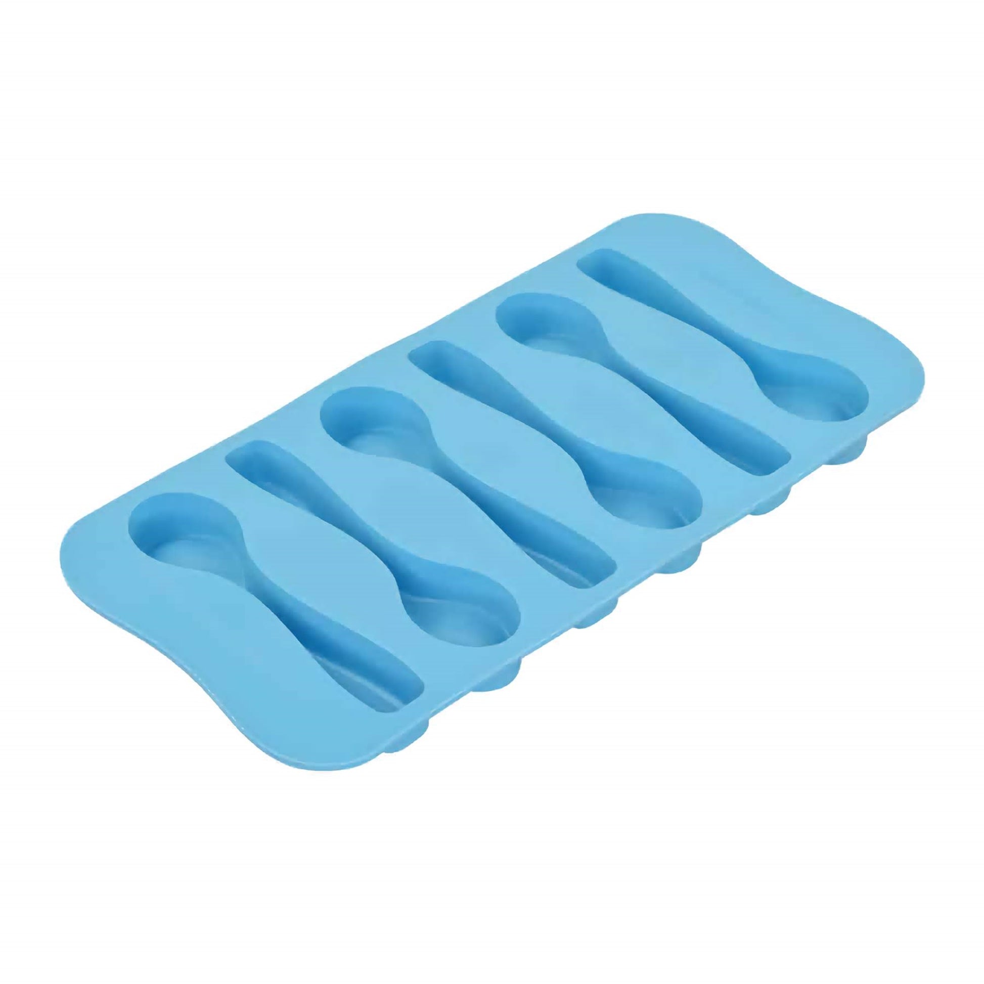 A blue silicone mold with six spoon-shaped cavities presented on a flat surface. The mold is designed to craft chocolate spoons, each cavity capturing the traditional spoon shape with a deep bowl and an extended handle. The mold's design is streamlined for easy filling and the flexible silicone material indicates a non-stick surface for effortless release of the finished chocolates.