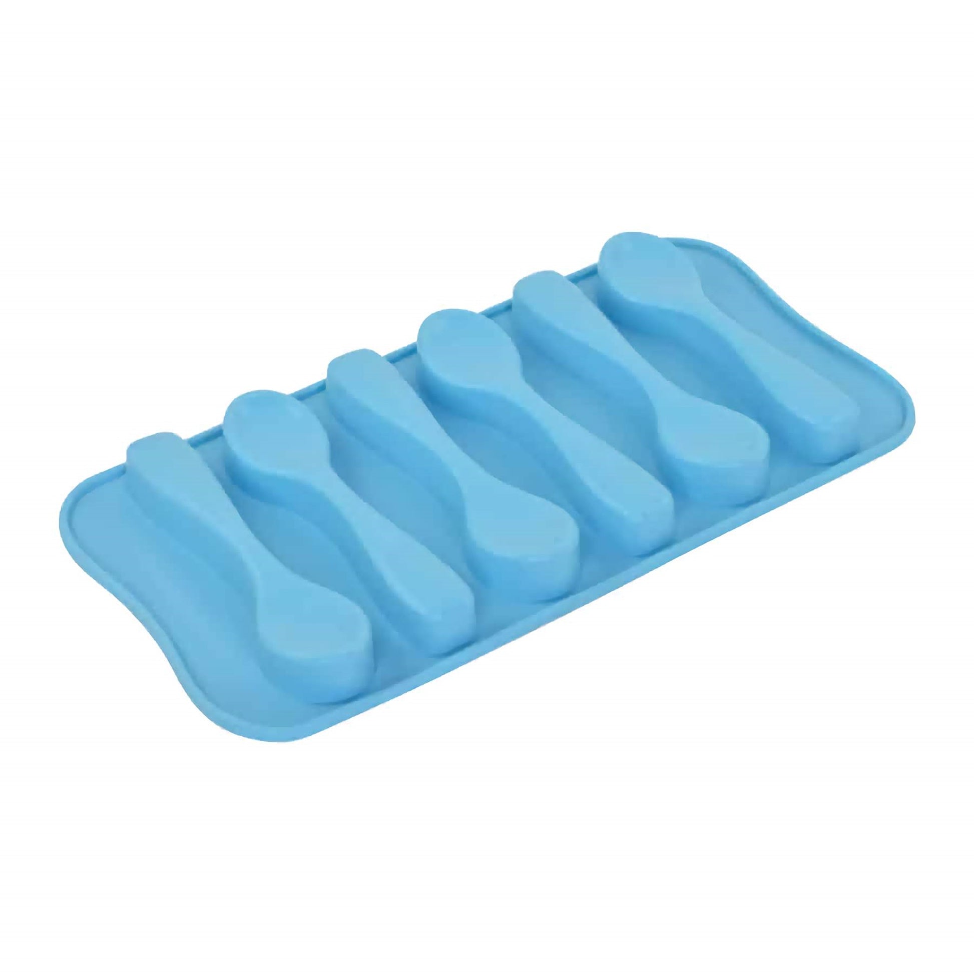 An inverted view of a blue silicone chocolate spoon mold, highlighting the mold's flexibility and non-stick surface. The upside-down cavities show the depth and the contour of the spoon shapes, with rounded bowls and elongated handles, implying the ease with which the chocolate spoons can be demolded after setting.