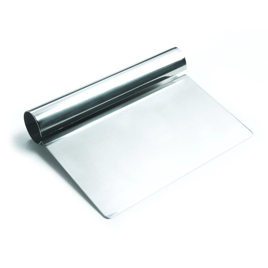 Stainless steel chopper and scraper with a curved cylindrical handle and flat rectangular blade for cutting and pastry work.