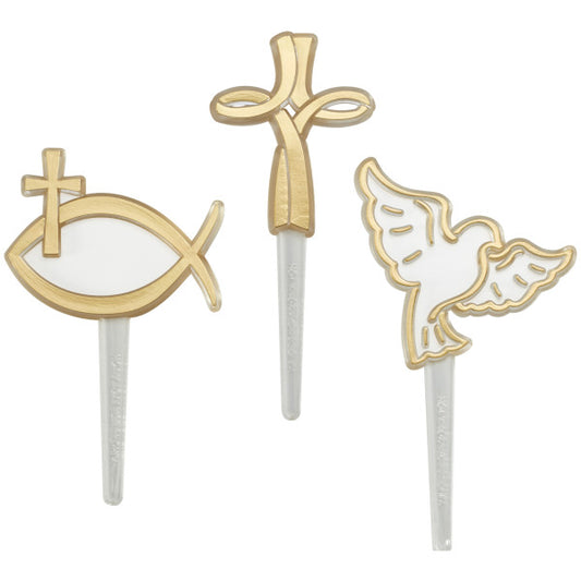 Three spiritual religious cupcake picks in gold and white, featuring cross, dove, and fish Christian symbols.