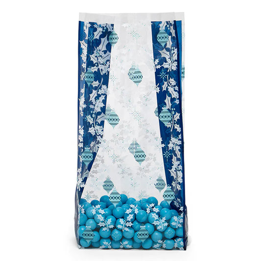 Clear gusseted cello bag with blue ornament, snowflake, and holly design, filled with blue candy balls, perfect for holiday favors or winter gift packaging.