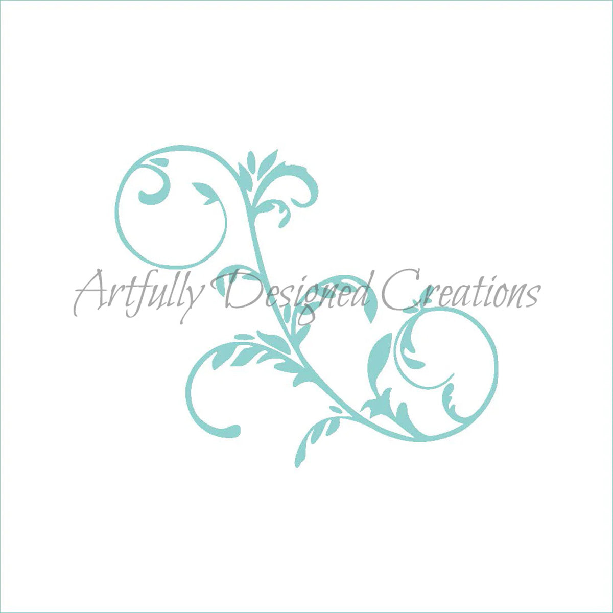 Christmas flourish cookie stencil showing a teal open scrollwork vine with leaves and curled ends on a white background.