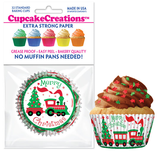 Pack of 32 Merry Christmas train cupcake baking cups with festive red and green design, shown with chocolate-frosted cupcake topped with red and green star sprinkles.