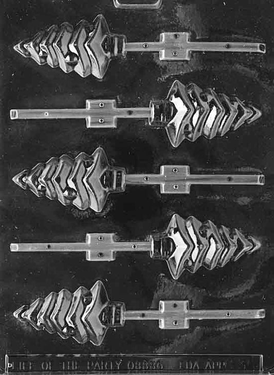 Transparent five-cavity Christmas tree lollipop chocolate mold with tiered tree shapes on stick channels; glossy clear plastic showing zigzag branches; holiday candy mold for pops.
