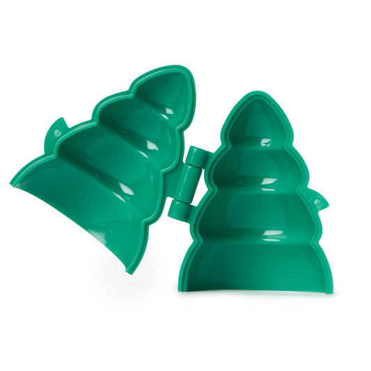 Open view of the green Christmas tree cake pop mold showing two hinged halves with tiered cavities that form a 3D tree shape; ready to fill with cake dough.
