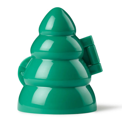Closed green two-part cake pop mold shaped like a tiered Christmas tree with smooth glossy surface; compact handheld tool for forming 3D cake pop trees or beehives.