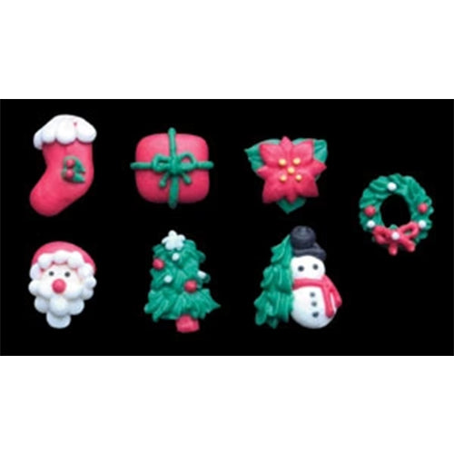 Christmas royal icing decorations set with 7 festive designs, including Santa, snowman, wreath, stocking, gift, tree, and poinsettia.
