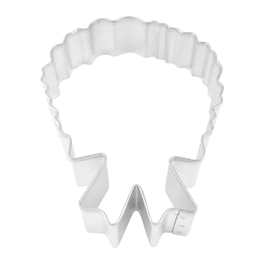 Wreath-shaped cookie cutter shown from above, scalloped circular top with a zigzag bow point at the bottom