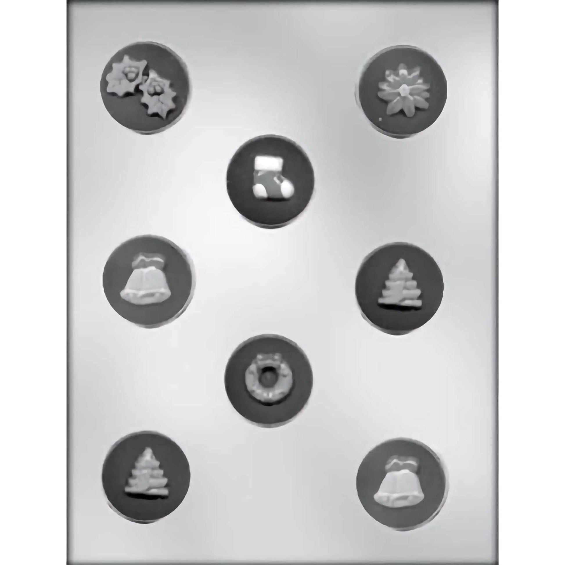Christmas-themed chocolate mold with 8 cavities, featuring festive designs like stockings, bells, wreaths, and Christmas trees, ideal for making holiday mints or chocolates.