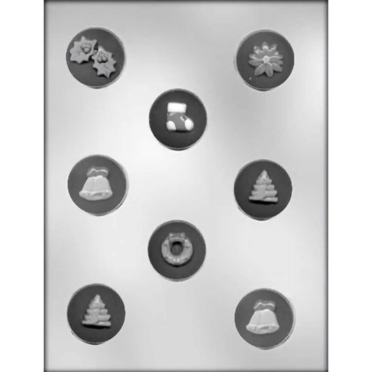Christmas-themed chocolate mold with 8 cavities, featuring festive designs like stockings, bells, wreaths, and Christmas trees, ideal for making holiday mints or chocolates.