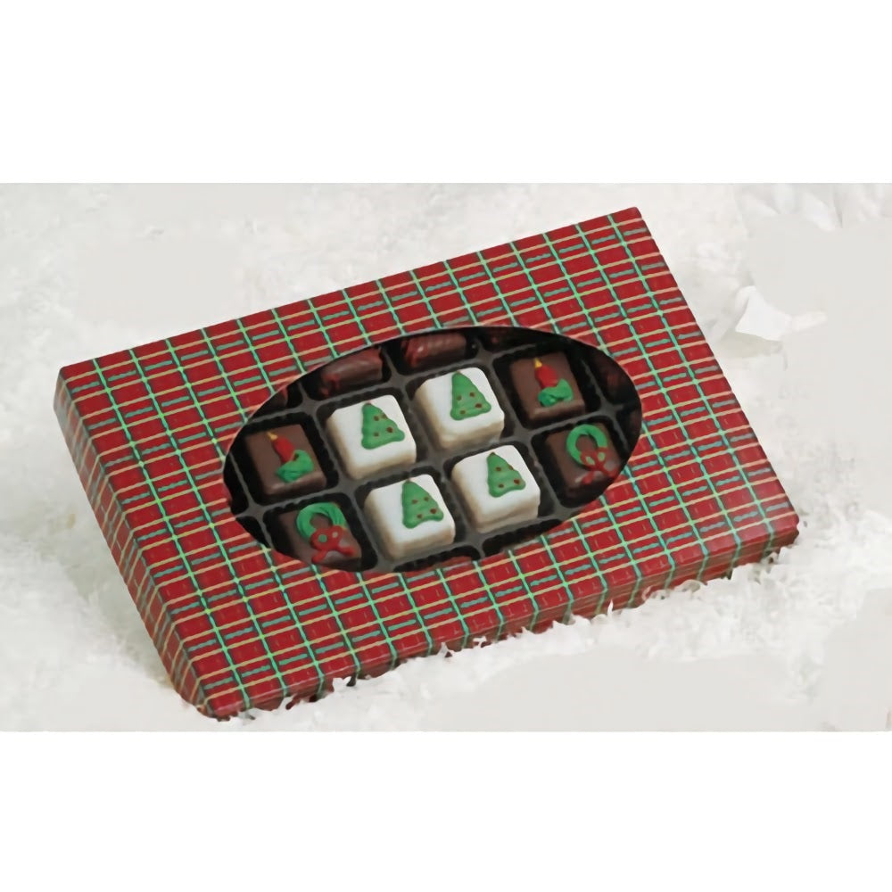  The image features a 1-pound rectangular candy box with a traditional Christmas plaid pattern in red, green, and gold. The box has a clear window on the top, showcasing an assortment of festive-shaped chocolates, such as Christmas trees and wreaths, arranged in a tray with individual compartments. The windowed design allows for a peek at the treats inside, making it an attractive option for holiday gifts or sales.
