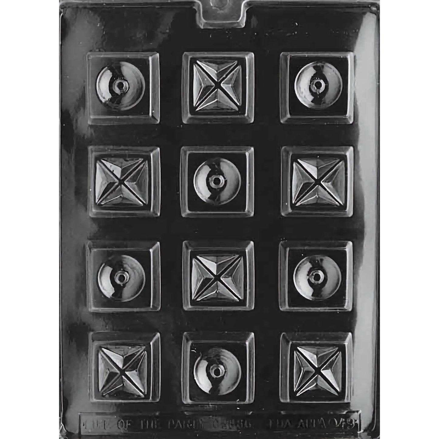 Chunky Shapes Chocolate Mold featuring twelve cavities, each 1 9/16 inches by 1 9/16 inches and 9/16 inches deep, with a mix of circular and pyramid designs. Made of food-grade plastic and manufactured in the USA.