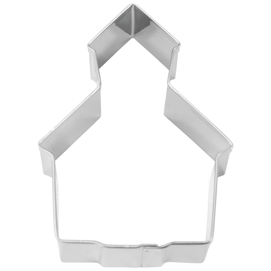 Silver-tone church or schoolhouse cookie cutter with deep sides and pointed steeple shape, 3.5 inches, on a white background.