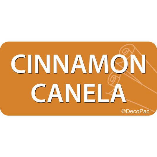 Orange cinnamon canela cake label with bold white bilingual text and subtle cinnamon stick graphics, ideal for bakery flavor signage.
