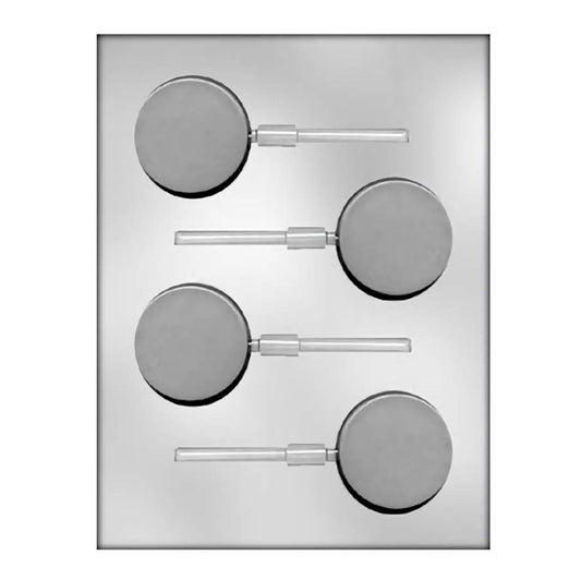 Chocolate mold featuring four round sucker cavities with attached stick grooves, designed for crafting smooth circular lollipops or chocolate pops.