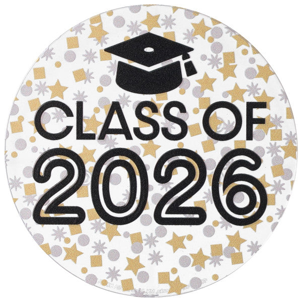 Round Class of 2026 layon topper with a black graduation cap icon and bold “CLASS OF 2026” text over a white background filled with gold stars and silver confetti dots.