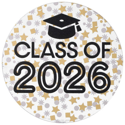 Round Class of 2026 layon topper with a black graduation cap icon and bold “CLASS OF 2026” text over a white background filled with gold stars and silver confetti dots.