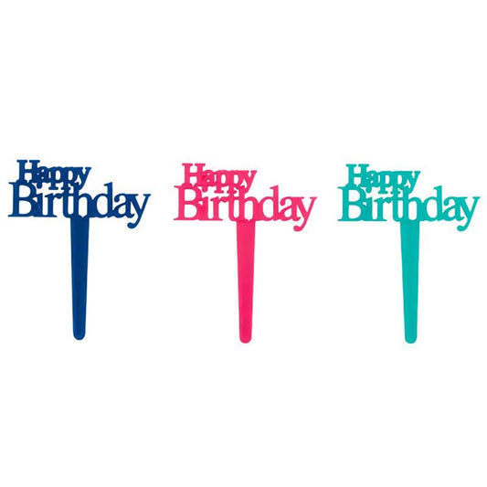 A classic selection of "Happy Birthday" cupcake picks in an assortment of colors such as royal blue, purple, red, and green, each pick featuring bold lettering that provides a timeless and celebratory touch to any cupcake arrangement.