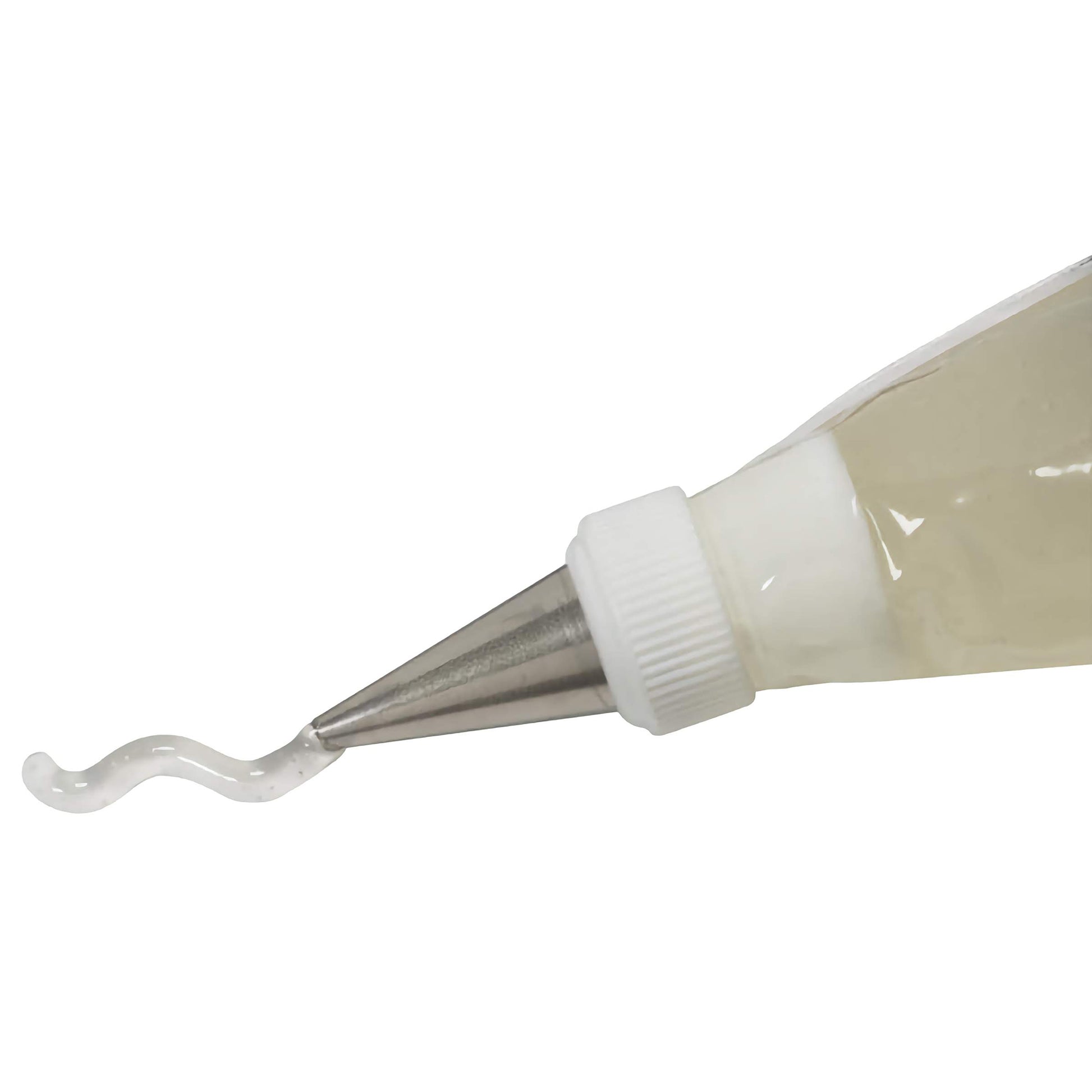 Close-up of a piping bag nozzle extruding clear vanilla piping gel, demonstrating the gel's smooth and transparent texture, ideal for cake decorating and pastry detailing.