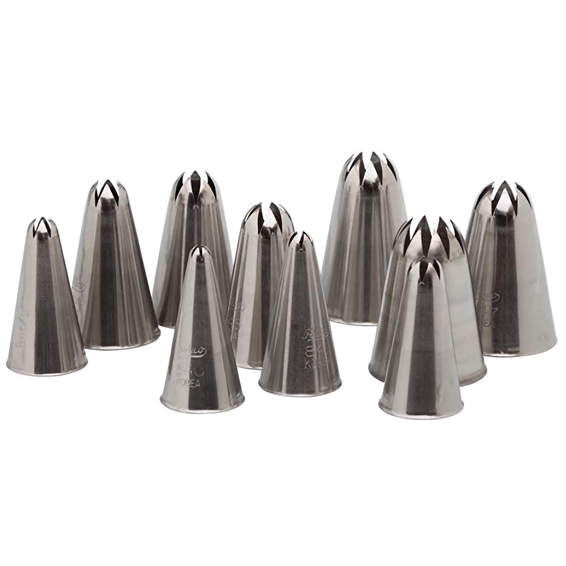 Set of ten stainless steel closed star piping tips, sizes #840 to #849, arranged upright in various sizes.