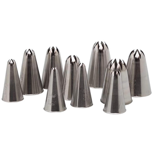 Set of ten stainless steel closed star piping tips, sizes #840 to #849, arranged upright in various sizes.