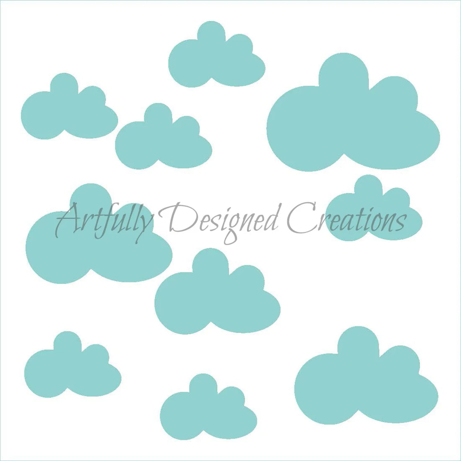 Cloud stencil design with scattered cloud shapes shown in light blue on a white background. Food-grade plastic stencil for decorating cookies and cakes.