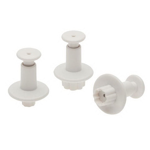 Set of three white clover-shaped plunger cutters with spring-loaded handles, displayed in different sizes.