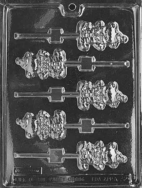 Plastic candy mold with five lollipop cavities shaped like teddy bears dressed as clowns, featuring hats and ruffled collars, designed for chocolate or candy pops.
