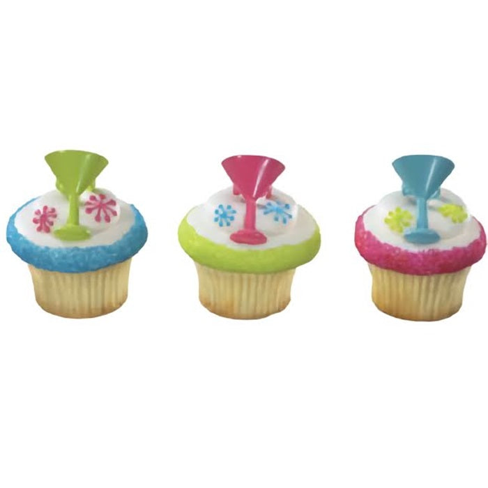 Set of six cocktail glass cupcake rings in vibrant colors, perfect for decorating cupcakes for a summer party, bachelorette bash, or any festive occasion requiring a splash of color and fun.