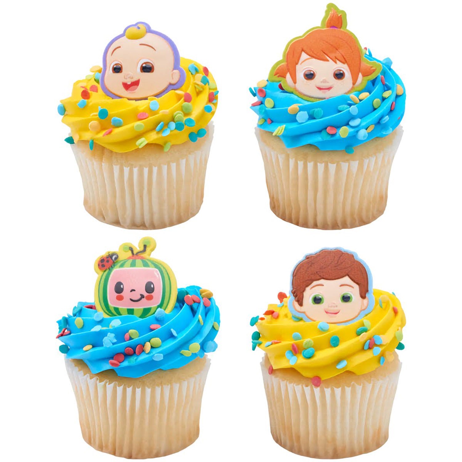 Assorted Cocomelon character cupcake rings atop colorful frosted cupcakes, perfect for themed birthday parties and children's bakery accessories.