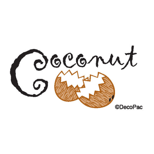 Coconut flavor cake label with hand-drawn cracked coconuts and whimsical black script, perfect for bakery display signage.