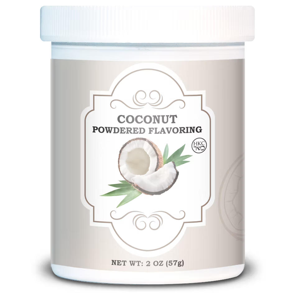 White 2 oz jar of Coconut Powdered Flavoring with a beige label, open coconut illustration, green leaves, and a white screw-top lid