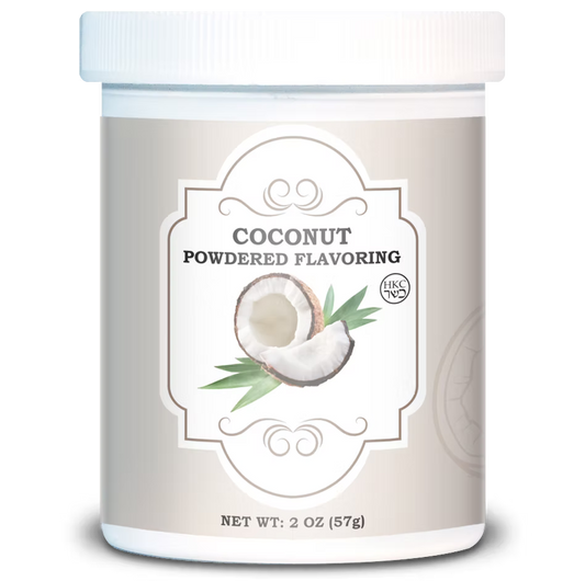 White 2 oz jar of Coconut Powdered Flavoring with a beige label, open coconut illustration, green leaves, and a white screw-top lid