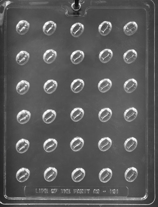 Clear plastic candy mold featuring 40 small cavities shaped like oval coffee beans with center indent lines, ideal for making mini chocolate pieces.