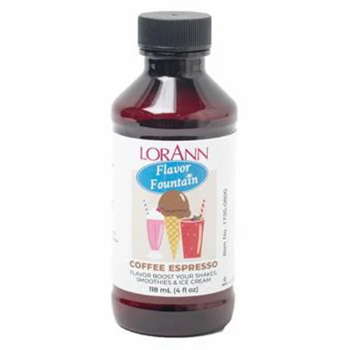 LorAnn Flavor Fountain Coffee Espresso flavoring in a 4 oz bottle for shakes, smoothies, and ice cream.