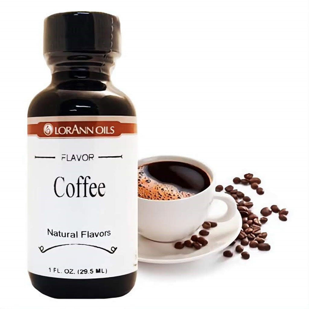 A 1 fl oz bottle of LorAnn Oils Coffee Natural Flavor with a cup of brewed coffee and scattered beans, symbolizing the rich and robust coffee flavor.