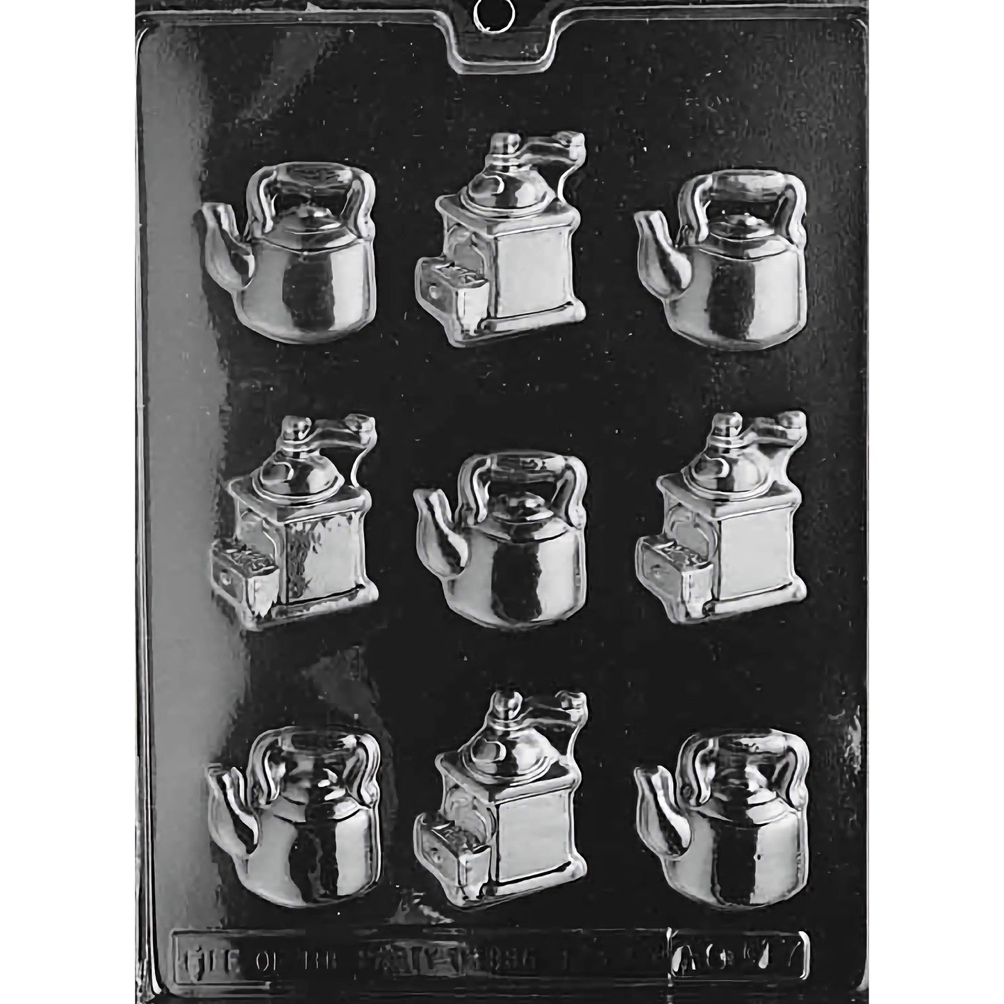 Clear plastic chocolate mold designed for making coffee-themed chocolates, featuring nine compartments arranged in three rows of three. Each compartment alternates between a detailed coffee pot and a coffee grinder design. The mold is set against a black background, highlighting the intricate details of each piece. Ideal for creating charming coffee-themed chocolates for gifts or special occasions.