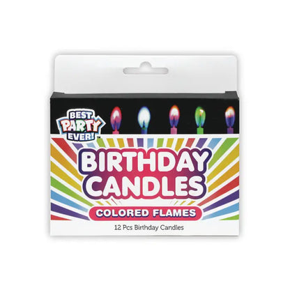 Two packs of Colored Flame Birthday Candles with rainbow-themed packaging and colorful candle flames.