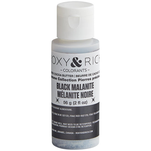 Roxy & Rich Black Malanite colored cocoa butter in a 2 oz clear squeeze bottle with a white flip-top cap and black, gray, and white label on a white background.