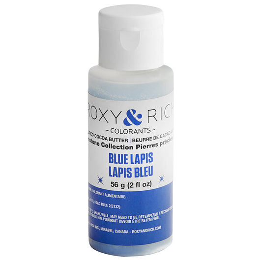 Roxy & Rich Blue Lapis colored cocoa butter in a 2 oz clear squeeze bottle with white cap and blue-and-white label against a white background.