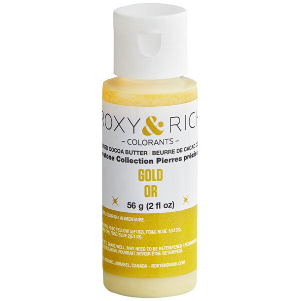 Roxy & Rich Gold colored cocoa butter in a 2 oz clear squeeze bottle with a white cap and white-and-gold label against a white background.