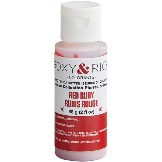 A bottle of Roxy & Rich Red Ruby cocoa butter colorant, featuring a white cap, a white label with red and black text, and pinkish-red liquid visible at the top and bottom.